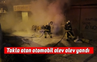 Takla atan otomobil alev alev yandı