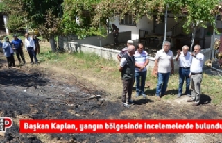 Başkan Kaplan, yangın bölgesinde incelemelerde...