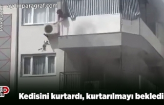 Kedisini kurtardı, kurtarılmayı bekledi